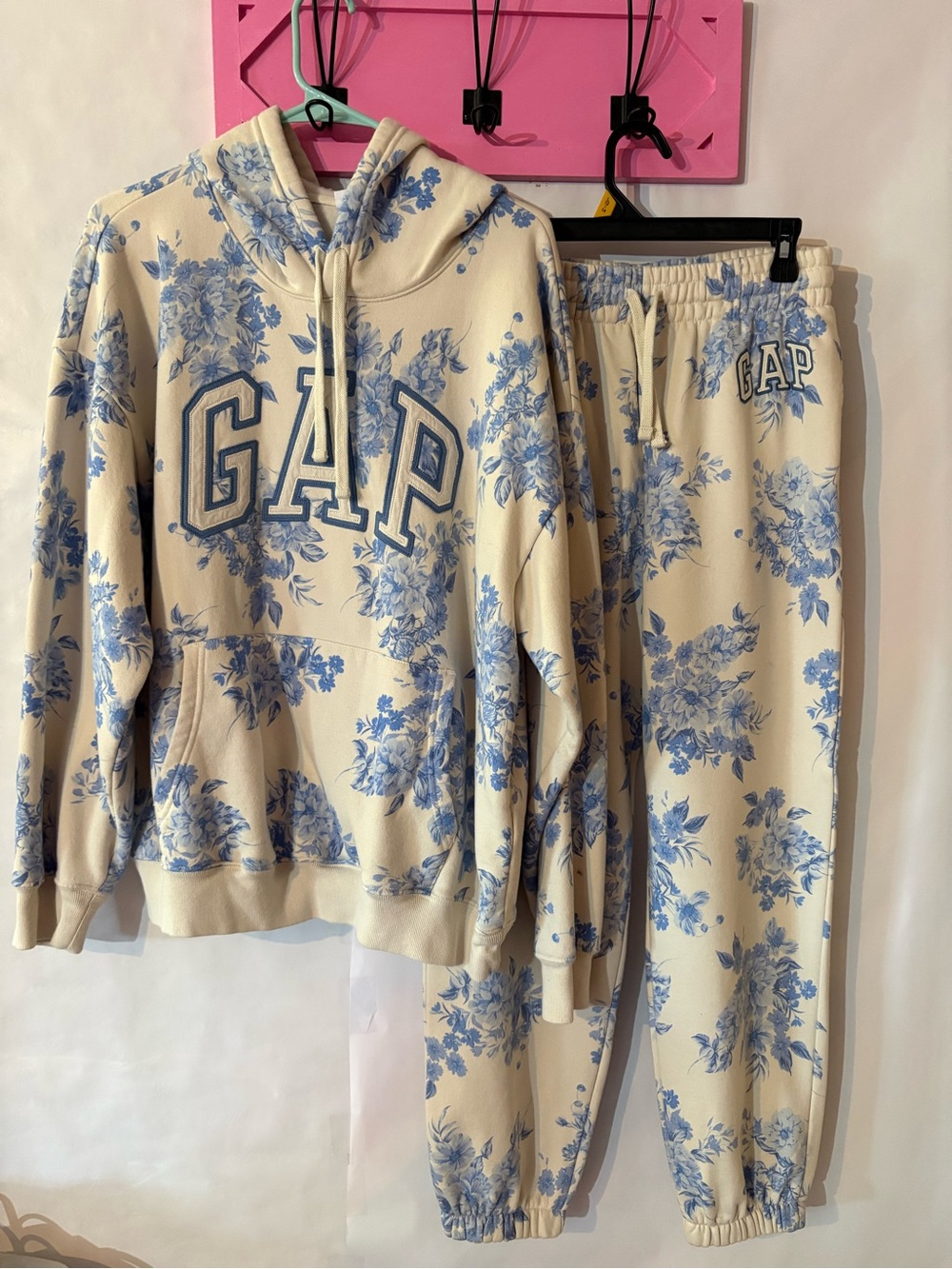 GAP Cream and Blue Floral sweatsuit set.